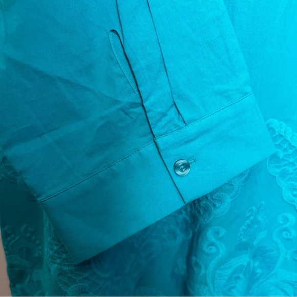 Chico's Turquoise Scalloped Embroidery Lace Cotton Tunic Top Classic Chic NEW - Picture 13 of 14